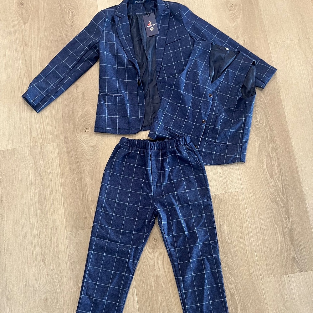 SWOTGdoby Boys Suit Set 3 Pieces(Blazer Vest Pants Breasted jacket)10Yrs- Blue